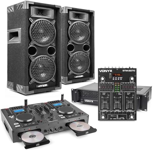 MAX26 Dual 6 Passive DJ Speaker System with 1200W Amp, Dual CD Mixer, Bluetooth, USB, Cables – Complete DJ Setup Kit for Home Parties, Bedroom DJ, Compact PA