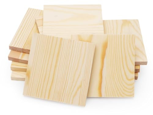 Wapasezyar 12 Stück Holzplatten zum Basteln, Unlackierte Holzblöcke zum Basteln, Blanko Holzquadrate aus Kiefernholz für Holzschnitzerei, DIY-Holzuntersetzer, Malen und Brennen (10x10x1cm)