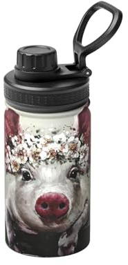 Bouteille d'eau isotherme en métal avec imprimé cochon de fleurs, 355 ml, bouteille de sport spatiale pour garder au froid et au chaud