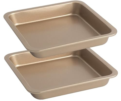Brownie Pan 8 Inch Non-Stick Square Cake Pan 2PCS Heat-Resistant Carbon Steel Baking Dish Easy to Clean for Cakes Bread Pizza Cookies Golden Kitchen