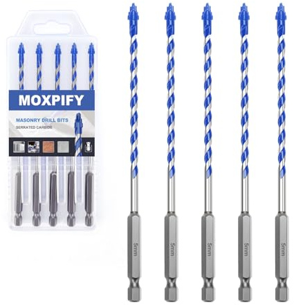 MOXPIFY 5PCS 5mm x 150mm Masonry Drill Bits Set, Porcelain Tile Drill Bit, Tungsten Carbide Drill Bit for Tile, Glass, Ceramic, Marble, Concrete, Brick, Granite, Wood