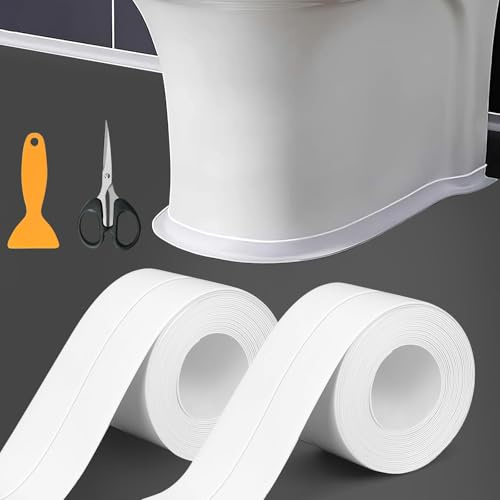 Bath Sealant Strip 2 Pack – 5cm x 5m Waterproof Bathroom Sealant Tape with Scraper & Scissors | Self Adhesive Caulk Strip for Shower, Bathtub, Toilet, Sink, Wall Corner