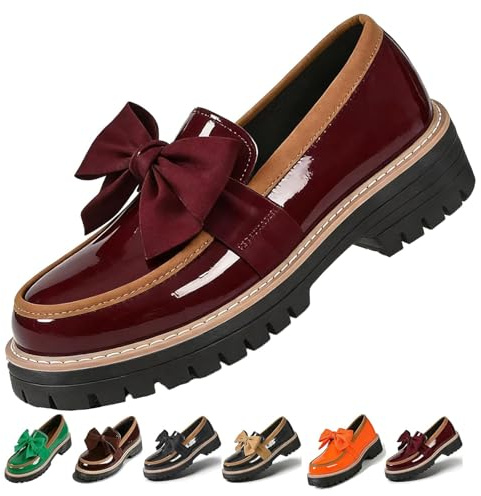 Mocassins à semelle épaisse en cuir verni pour femme, pour le travail, le bureau, les affaires, le printemps, élégants, à bout rond, antidérapants, décontractés, bordeaux, 36.5 EU