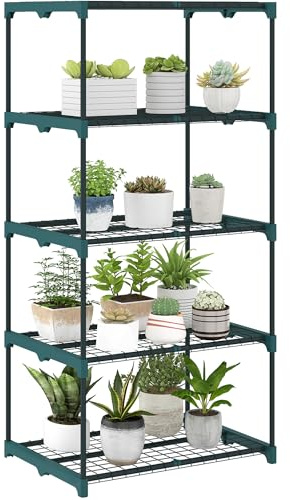Outsunny 5-Etagen Pflanzenständer 138 cm hoch Pflanzenregal Dunkelgrün | Outdoor Blumentisch mit Regalböden, Mehrstöckig Stahl Wetterfest Blumenregal für Garten Balkon Deko