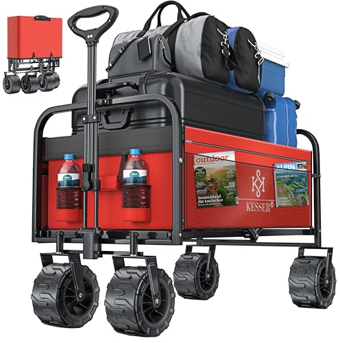 KESSER® Bollerwagen faltbar max. bis 150kg belastbar mit Breiten Vollgummi Reifen | Handwagen Transportkarre | Gerätewagen inkl. 2 Netztaschen & Seitentasche | Transportwagen Gartenanhänger klappbar