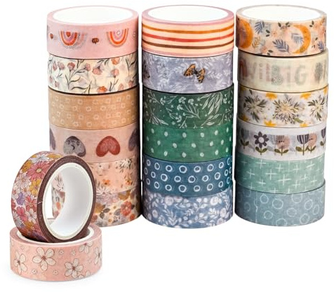 XunHe 20 Rollen Boho Washi Tape Set - 15mm x 5m, Vintage Masking Tape Pastell Klebeband Bunt mit Regenbogen & Mond Motiven für DIY Basteln, Scrapbooking, Junk Journal und Planer