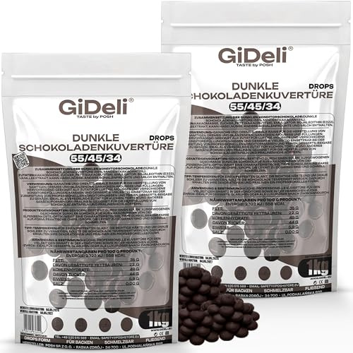 GiDeli Zartbitter Kuvertüre Schokodrops 55% Kakao 2 x 1 kg - zum Schmelzen | Zwei einzeln verpackte Beutel, einer davon im Vorrat, für Ganache, Glasuren und Schokobrunnen, enthält Soja