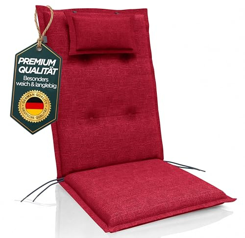 RELEXO Premium Hochlehner Auflage 120x50x8 cm mit Kopfpolster Gartenstuhl Auflage für Hochlehner – Bequeme Schaumstofffüllung, UV-beständig, Strapazierfähig, Befestigungsbänder, Polster (1, Rot)