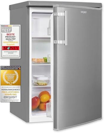 Exquisit® Frigorifico Table Top, 109L, Clase D, Material Acero Inox, Estantes de Cristal, Puerta Reversible, Cajón Verdulero, Altura Regulable, Consumo 111 kWh/año, Medidas 85,5x55x57 Cm.