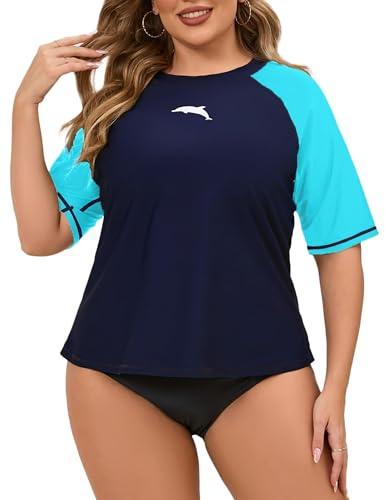Halcurt Women's Plus Size Rash Guard Short Sleeve Swim Shirts Loose Fit UPF50+ Sun Protection Swimsuit Top Only Navy 2X