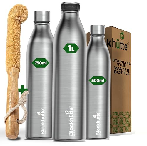 Blockhütte Stainless Steel Water Bottle Sports I 350ml Small Water Bottle Leakproof with Brush I Thermal Insulated 13h Hot, 25h Cold Drinks I Ideal BPA Free Metal Gym, Outdoor Waterbottle