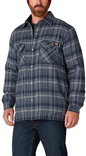 Dickies Men's Sherpa Lined Flannel Shirt Jacket with Hydroshield, Dark Navy/Dark Denim Plaid, S