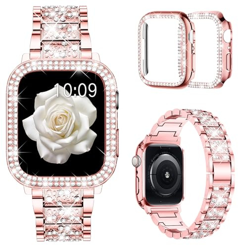 Mosonio Compatible with Apple Watch Band 38mm 40mm 41mm 42mm 44mm 45mm 49mm with 2 Women Cases, Replacement Metal Band with PC Protective Case for
