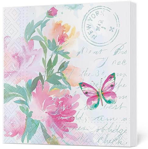 Maki 3-Ply Flowery Tissue Paper Napkins Serviettes for Decoupage Lunch 33cm x 33cm - Pack of 20 (Pink Watercolour Flowers with Butterfly)