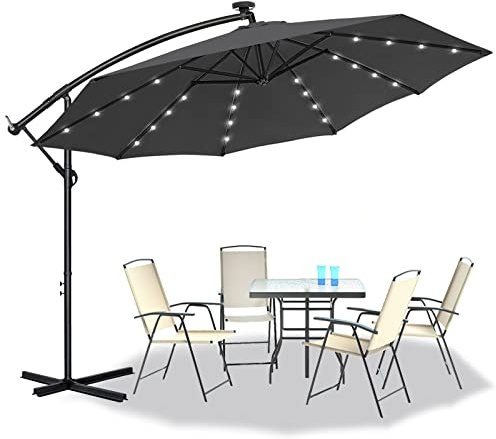 ACXIN Alu Sonnenschirme Ø350cm mit Solar LED Beleuchtung Ampelschirm mit Kurbelvorrichtung Höhenverstellbarer Balkonschirm Gartenschirm Marktschirm 8 Streben UV-Schutz 40+(Dunkelgrau)