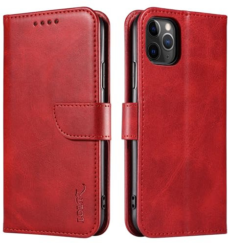 LOLFZ Wallet Case for iPhone 11 Pro, Vintage Leather Book Case with Card Holder Kickstand Magnetic Closure Flip Case Cover for iPhone 11 Pro - Red