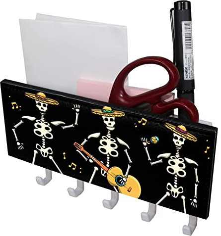 Totenkopf Schwarz 5 Haken Schlüsselhalter Schlüsselhaken Wandmontage, Garderobenleiste, Briefablage, Geeignet für Eingangsbereiche und hinter Türen