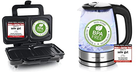 Emerio XXL Sandwichtoaster für alle Toastgrößen geeignet, BPA frei, große Muschelform & WK-119988 Glas Wasserkocher,1.7 Liter, 2200 Watt, LED Innenbeleuchtung, 360° Basis, 1.7 liters, Silber