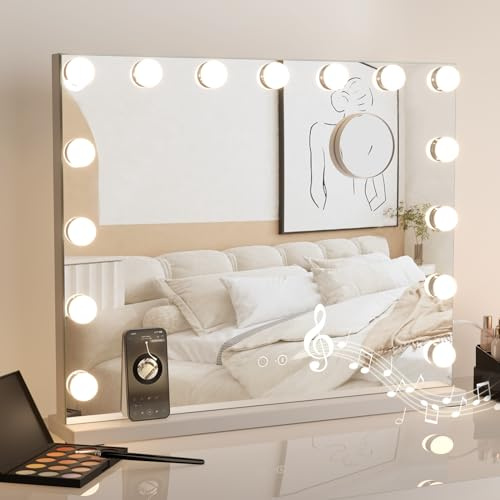 Dripex Bluetooth Hollywood Schminkspiegel mit 15 LED Lampen 58 x 48 cm mit 3 Farbtemperatur Licht, Touch Control, USB Ladeanschluss, Aufstellung oder Wandmontage