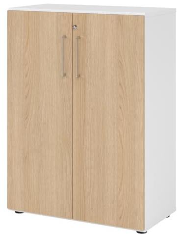 bümö Aktenschrank abschließbar, Büroschrank Holz 80cm breit in Weiß/Eiche - abschließbarer Schrank mit Aktenregal für's Büro & Arbeitszimmer, Büro Möbel Ordnerschrank mit Schloss