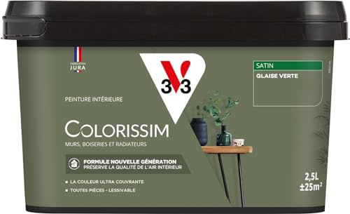 V33 Peinture multi-supports Colorissim® Glaise verte satin 2,5L | Peinture Murs Boiseries Radiateurs, Ultra-couvrant, Toutes pièces, Lessivale, Qualité de l'air intérieur, Couleurs intenses
