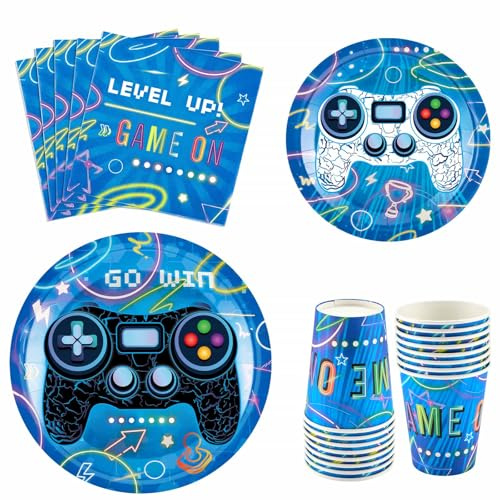 WERNNSAI 64 PCS Video Game Party Paper Plates Cups Napkins Serve 16 Guests | Gamer Birthday Party Decorations for Gaming Night Tableware Set Dinner Dessert Plates Napkins Cups