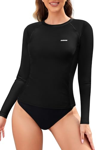 SHEKINI Femmes Manches Longues Rash Guard Maillot de Bain Surf Shirt Top（M，Noir）