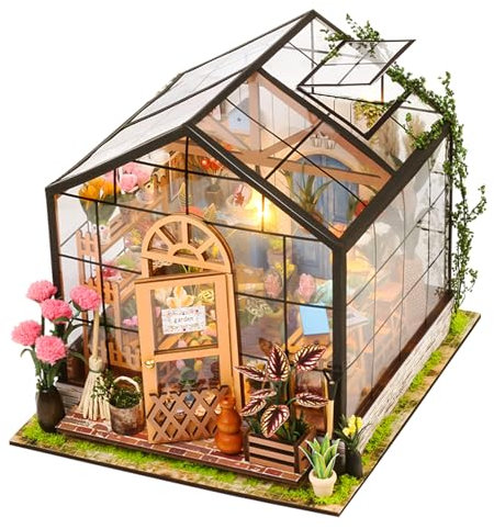 HooySprs DIY Miniatur Puppenhaus Kit, Mini Haus Kit mit Möbeln, Maßstab 1:24 Holz Gewächshaus Bastelset für Frauen Mädchen Jungen Geschenk Geburtstag Valentinstag (Cathy's Flower House)