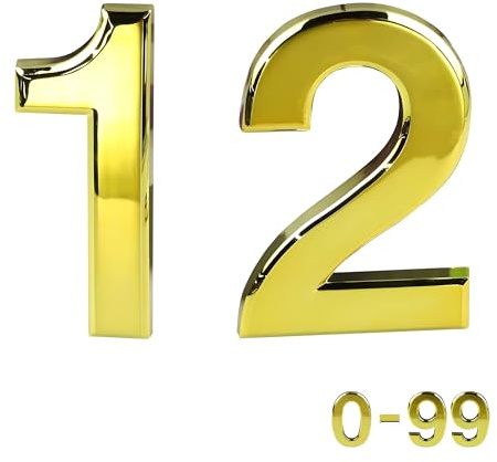 Gold Door Numbers Stick On, 0-99, Letters A, B, C, D, 3'' House Numbers Self Adhesive Stickers, For Doors, Mail Boxes, Hotel Rooms (12)