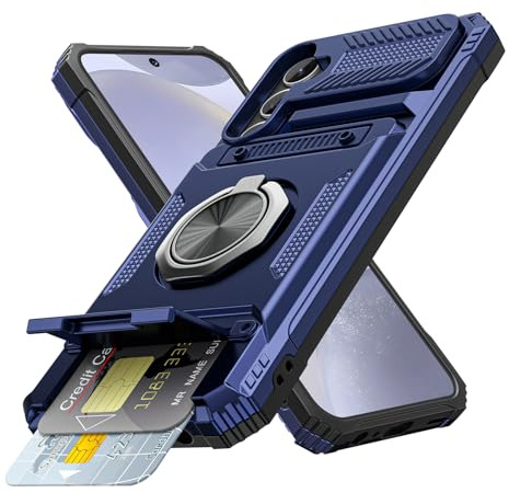 Coolden for Samsung S24 Case with Card Holder [Max 2 Cards] Ring Kickstand Shockproof Military Grade Heavy Duty Protective Phone Cases Wallet Cover for Samsung Galaxy S24 Case-Navy