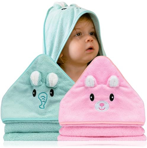 BABYBRIDGE Due asciugamano neonato - Accappatoio neonato 0-3 mesi - Regalo neonata - Neonata femmina - Asciugamani neonato con cappuccio a forma di animale
