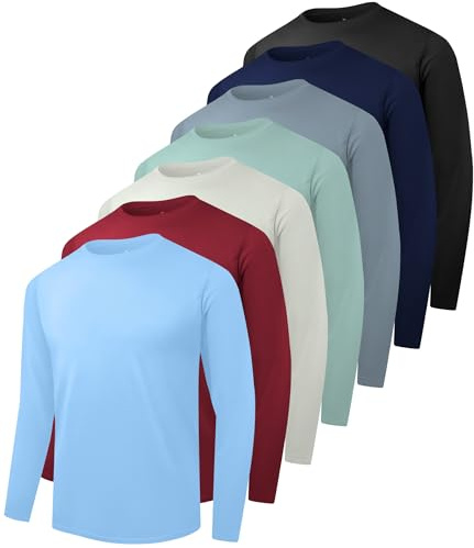 Kinglaman 7 Pack Men Dry Fit Workout Long Sleeve Athletic Gym UPF SPF UV Sun Protection Quick Dry Lightweight Shirts 1 Black 1 Grey 1 Heather Grey 1 Blue 1 Dark Blue 1 Dark Green 1 Wine Small