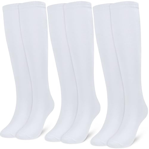 KOOOGEAR 3 Pairs Girls Kids Knee High Socks White Black Cotton Socks Back to School Plain Socks Uniform Party Wear Long Sock Girls Kids Knee High Sock for School