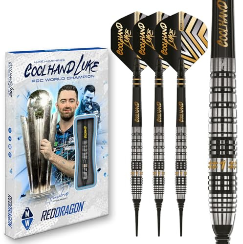 RÖD DRAGON Darts – professionell spelare – Luke Humphries Coolhand Prestige – 90 % volfram – 18 g tunna/20 g mjukspets dartset med dart-flyg och dartaxlar (stammar)