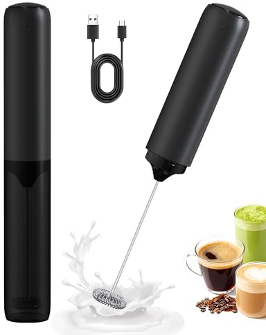 Soenglyun Rechargeable Milk Frother Handheld with Cover, Electric Drink Mixer with Stainless Steel Whisk - Portable Hand Frother Wand for Matcha Latte Cappuccino & Hot Chocolate, Black