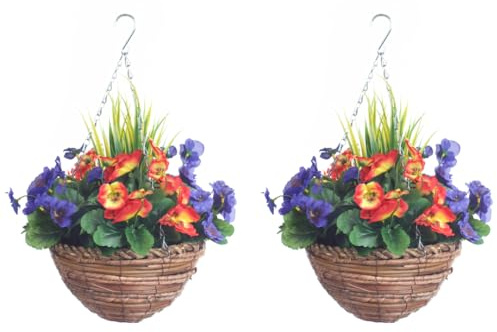 Pair Of Best Artificial Pansy Displays in 10 Round Woven Baskets (Lilac & Flame Red)