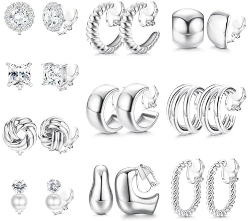 Morfetto 10 Paires de Boucles d'Oreilles à Clip pour Femmes Non Percées Hypoallergénique,Plaqué Argent,Boucle d'Oreille Clips Creoles Confortables avec Perles et Cz pour Peaux Sensibles