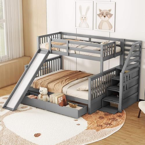 HYUB Etagenbett Kinderbett 90x200 und 140x200 cm mit Schubladen und Rutsche, Stockbett mit Treppe und Stauraum, Bettgestell mit Lattenrost, Stauraumbett für Kinder und Jugendliche, Grau