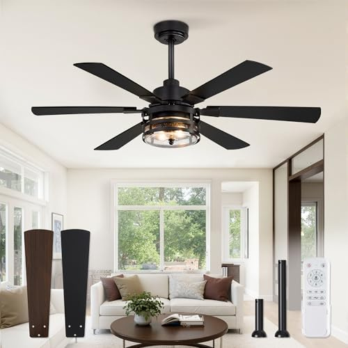 Ventilador de techo de 48 pulgadas con luces y control remoto, ventilador de techo industrial grande con motor CC reversible con 6 niveles de velocidad y 6 cuchillas dobles
