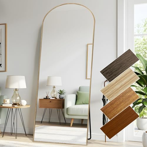 Bogen Ganzkörper Spiegel 76 x 180 cm Gewölbter Standspiegel Aluminiumrahmen klassischer Natur Holz Look an der Wand montiert lehnend Bodenspiegel als Ankleide spiegel für Wohnzimmer Flur Schlafzimmer