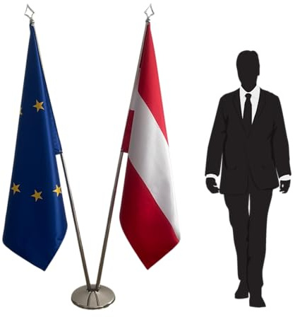Set di bandiere Austria e Unione Europea con pali in acciaio inox, gambe stabili e piedistalli decorativi - Kit interno per uffici e istituzioni. Codice CN3-EU-AT-L