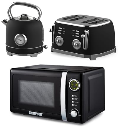 GEEPAS Retrovive 1.8L Electric Kettle, 4 Slice Bread Toaster & 20 Litre 700W Digital Freestanding Microwave Oven Kitchen Combo Set | 3000W Vintage Cordless Kettle | Defrost/Reheat/Cancel 1500W | Black