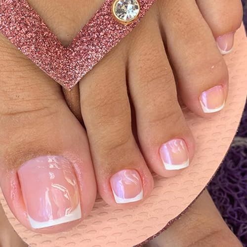 Ongles Artificiels pour Pieds Français Carrés Courts - 24 pièces Couverture Complète Rose & Blanc pour Femmes et Filles - Réutilisables pour Vacances d'Été