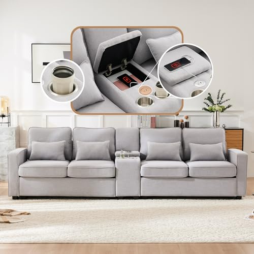 Sofá moderno de lino de 4 plazas con portavasos, 2 puertos USB, almacenamiento para reposabrazos y 4 cojines, ideal para sala de estar, apartamento y oficina para mayor comodidad y estilo