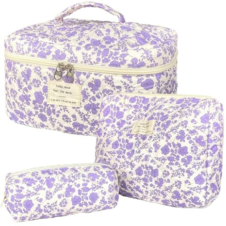 GSenhui 3pcs Kosmetiktasche Damen Gesteppte Kulturtasche Set Make up Bag Aesthetic Cosmetic Bag Blumen Tragbare Schminktasche mit Blumenmuster Kulturbeutel für Mädchen Frauen