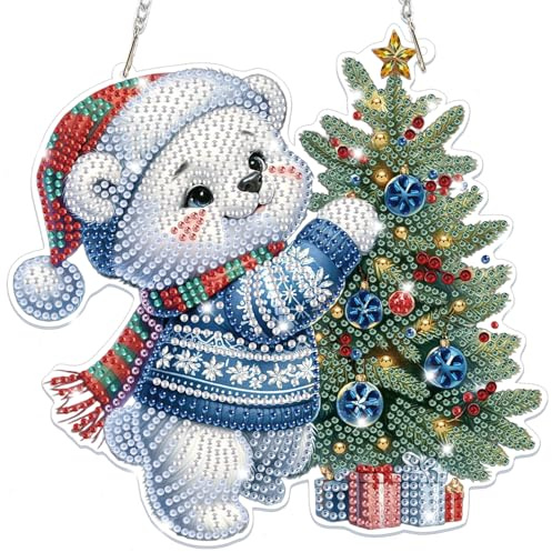 Lxmsja Weihnachten Diamond Painting Anhänger, 5D Diamond Painting Fensterbilder Eisbär für Erwachsene Kinder, Weihnachtsgeschenke Bastelset Kreativ Set Ornament Tür Fenster Wand Decor