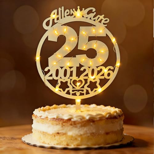 Tortendeko 25 Geburtstag Frau Mann 2001-2026, Seutgjie Deko 25. Geburtstag Jubiläum Hochzeitstag Cake Topper Silberhochzeit Holz mit LED Lichterkette Tortenaufleger Blumenstecker