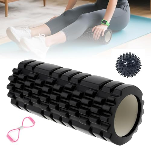 Foam Roller Rullo da Massaggio 3 in 1, Rullo Massaggio Muscolare con Sfere Massaggianti e Cordino di Tensione, Rullo Massaggio Muscolare Trigger Point, per Palestra, Yoga, Fitness e Pilates, Uomo e Do