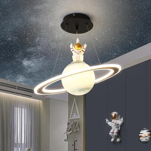 LED Hängelampe Kinderzimmer Planet Pendelleuchten, Kinderzimmer Lampe Decke Junge Mädchen, Glas Lampenschirm Saturn Schlafzimmerlampe Rund LED Hängeleuchten Dimmbar für Jungen Mädchen (Astronaut)