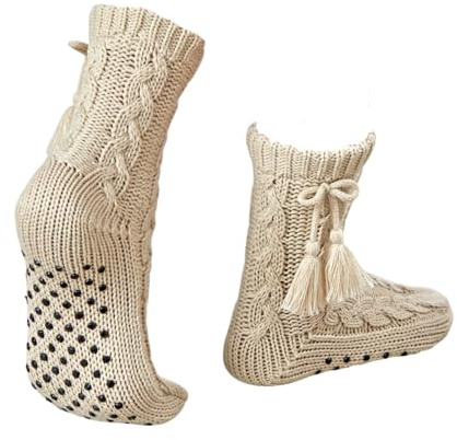 3 Pagen Calzini con motivo intrecciato – Calzini morbidi con dettagli a fiocco – gommini antiscivolo – beige – calzini norvegesi – calzini antiscivolo – calzini in maglia